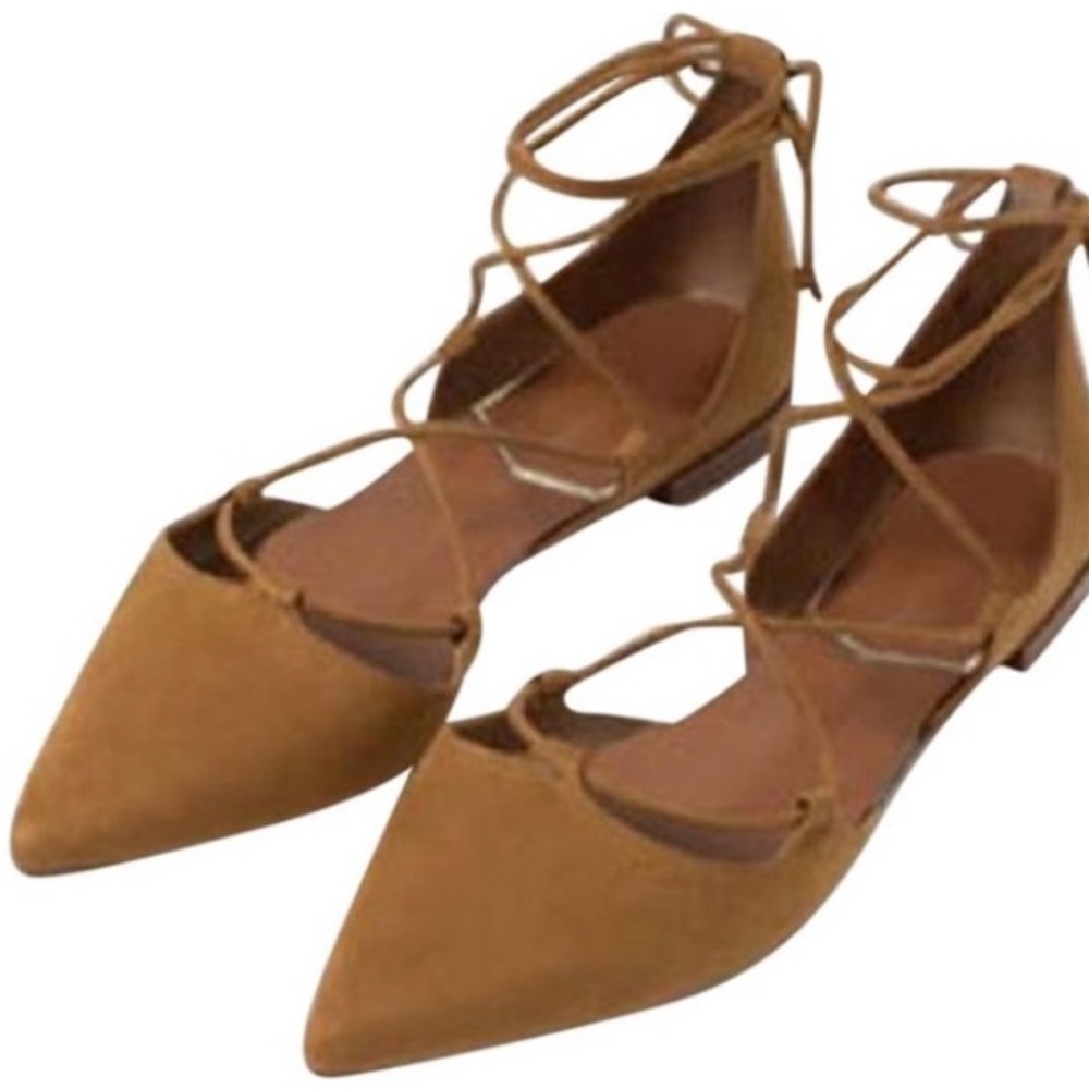 Zara suede lace up ankle wrap ballet flats size 38